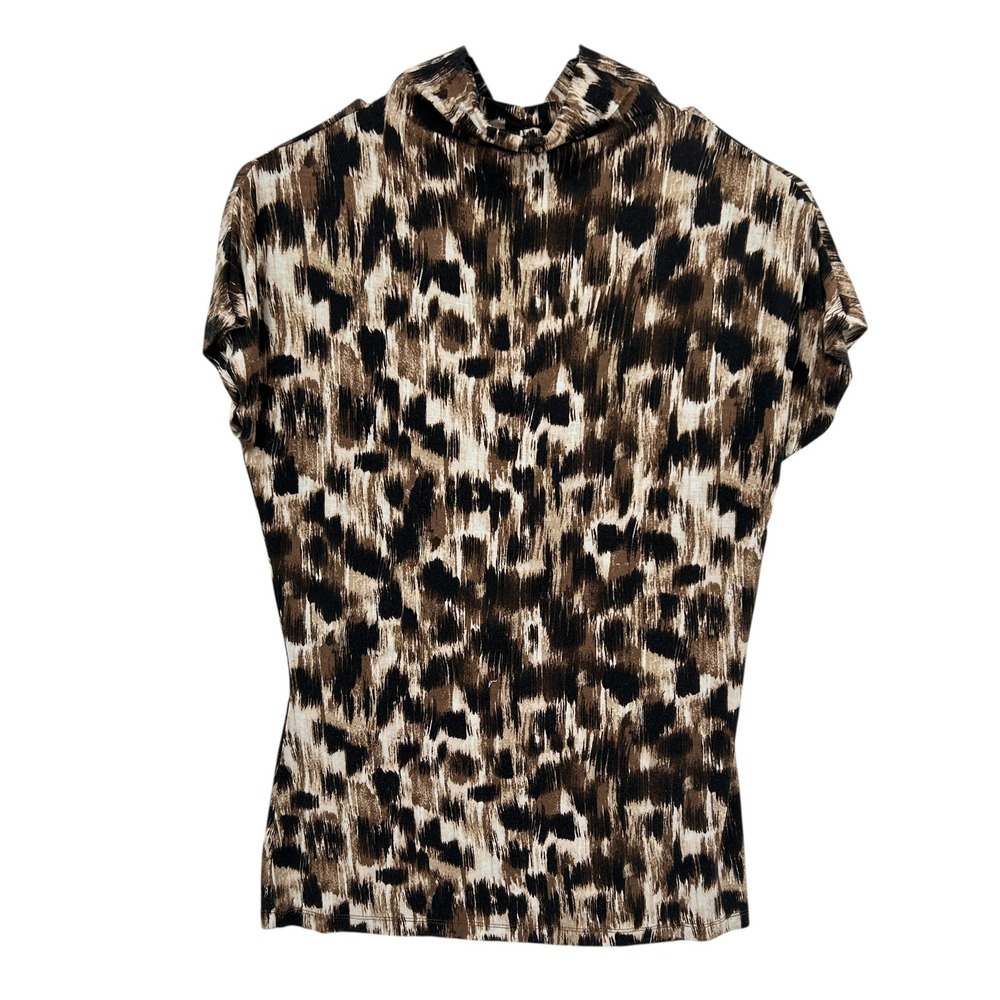 Leopard‎ Print Mock Neck Top S Brown Fitted Stretch Animal Blouse Mob Wife